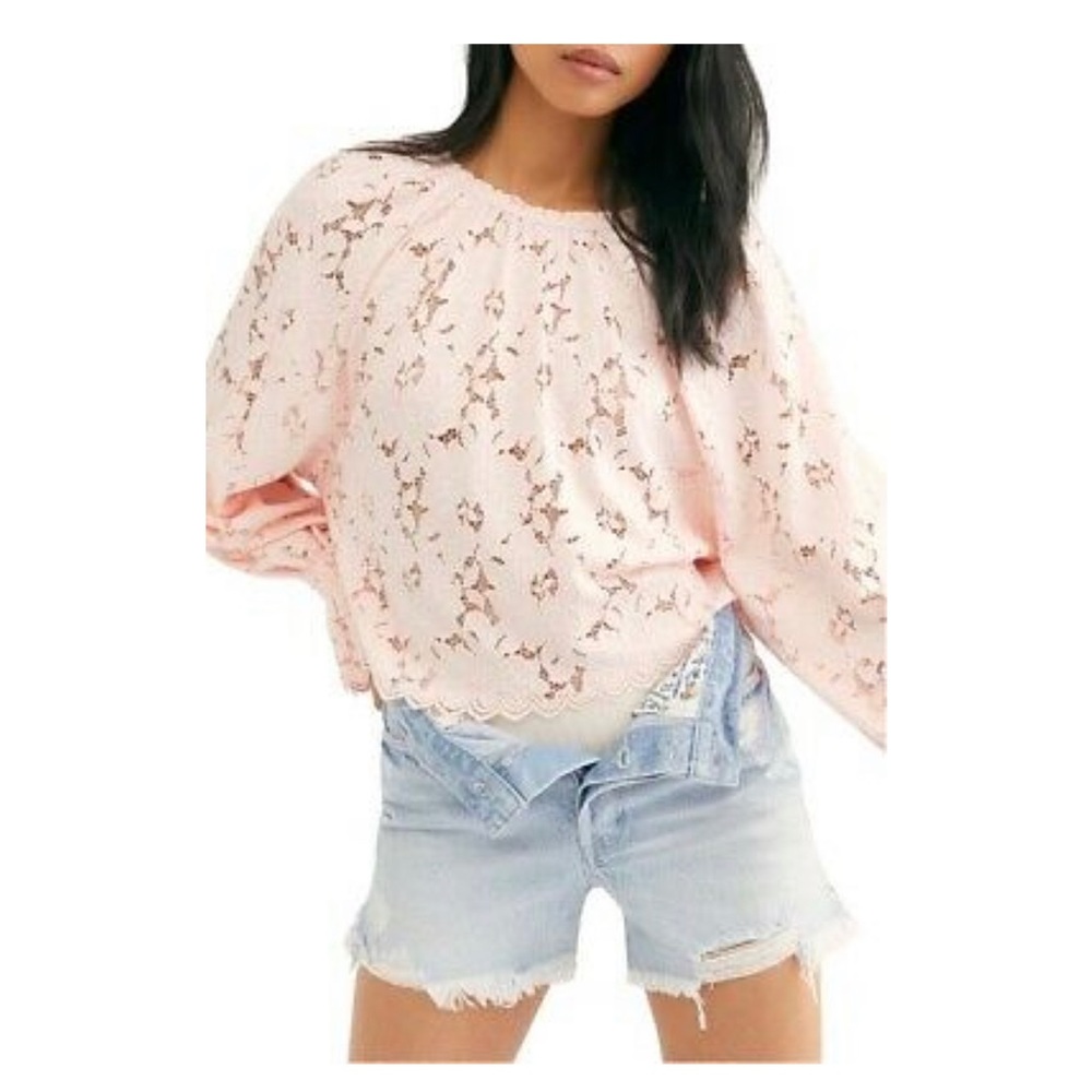 Free People Olivia Lace Balloon Sleeve Tee Sz L